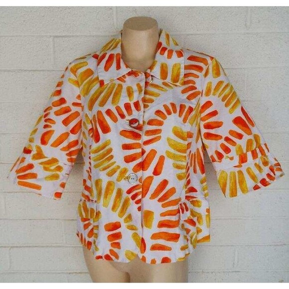 Chico's 2 L 12 14 Flower Power Seville Orange White Cotton Unlined Jacket - Picture 1 of 4